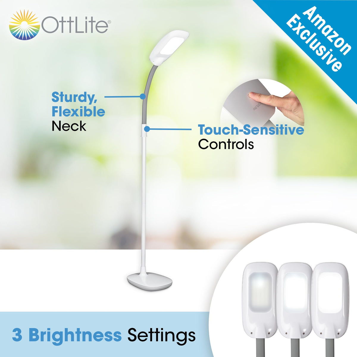OttLite shade and neck detail highlighting flexible neck for precise task lighting.