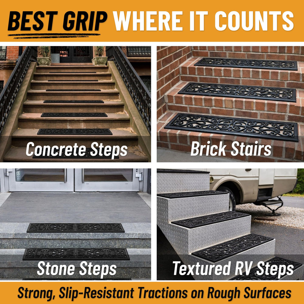 Ottomanson stair tread with fastening required for smooth surfaces like wood or tile.