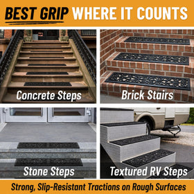 Ottomanson stair tread with fastening required for smooth surfaces like wood or tile.