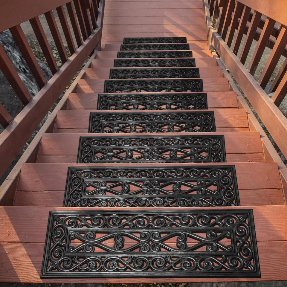 Ottomanson outdoor rubber stair treads with scroll lattice pattern for textured-surface grip.
