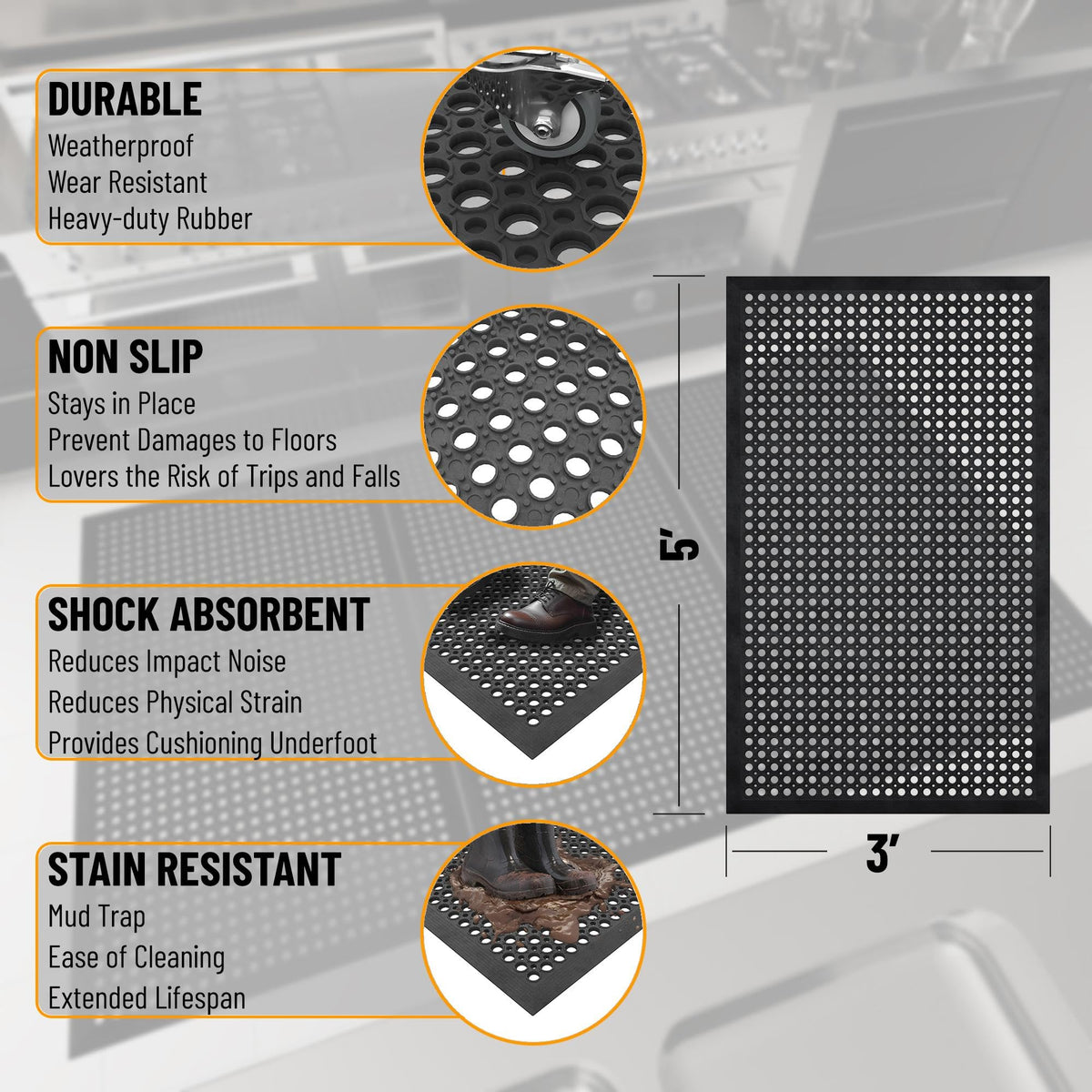 Ottomanson waterproof rubber mat ready for hose cleaning and quick cleanup.