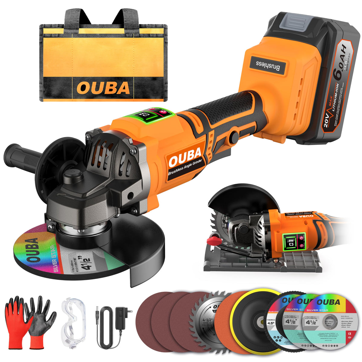 OUBA cordless angle grinder with Dewalt 20V Max compatibility for versatile power on the job