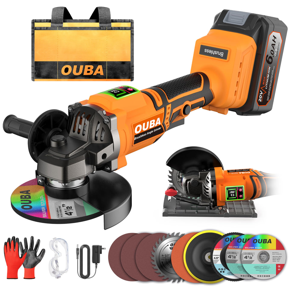 OUBA cordless angle grinder with Dewalt 20V Max compatibility for versatile power on the job