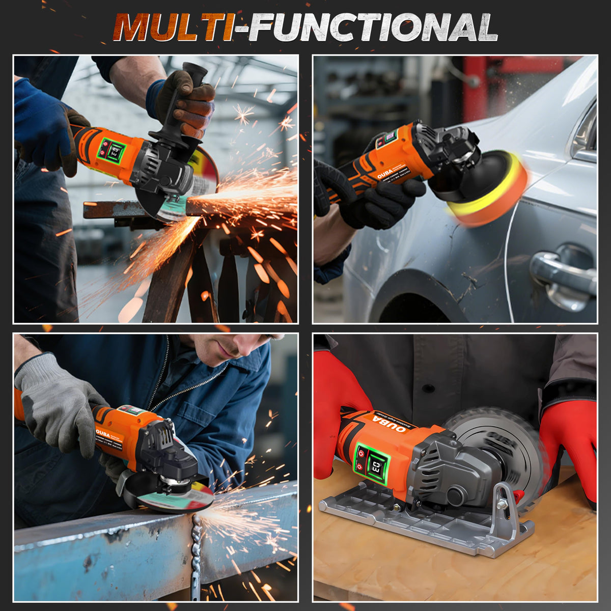 OUBA orange cordless grinder ready for flap disc grinding in a workshop