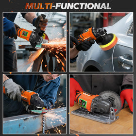 OUBA orange cordless grinder ready for flap disc grinding in a workshop