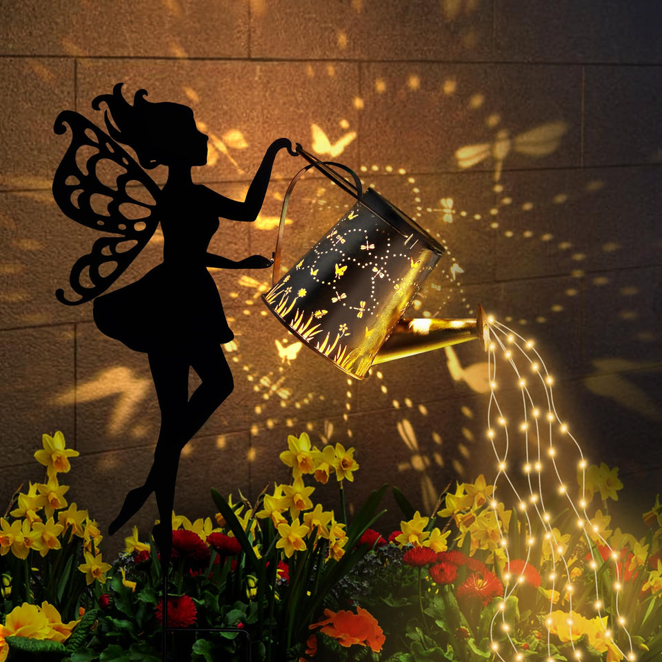 Ouddy Decor fairy garden decor with solar watering can shines at dusk, adding magical ambiance.