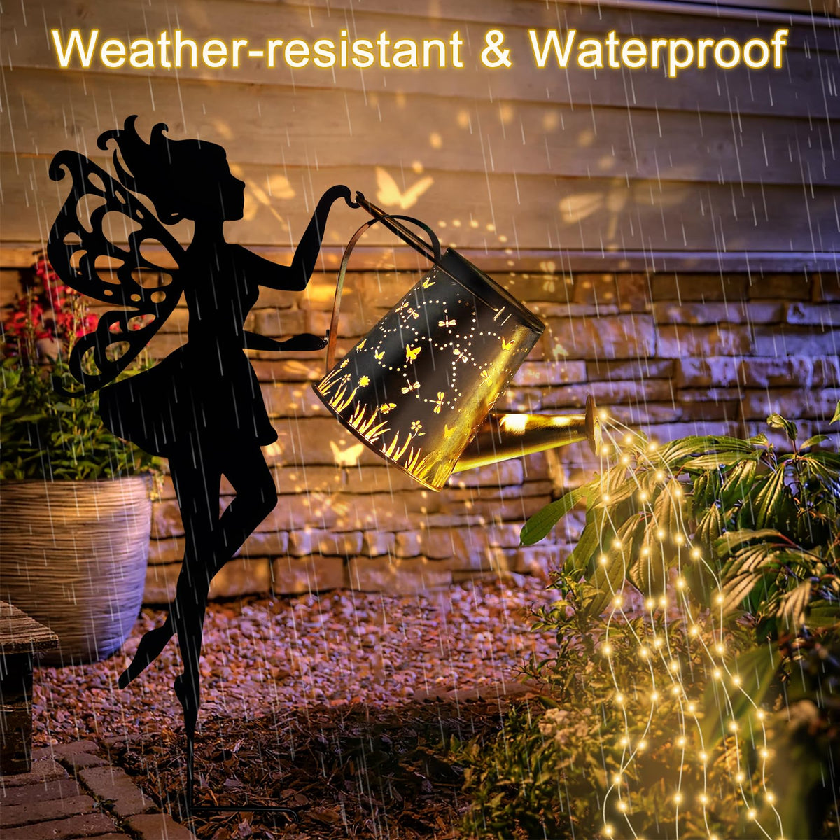 Ouddy Decor hanging lanterns and waterfall lights brighten flower beds at night.