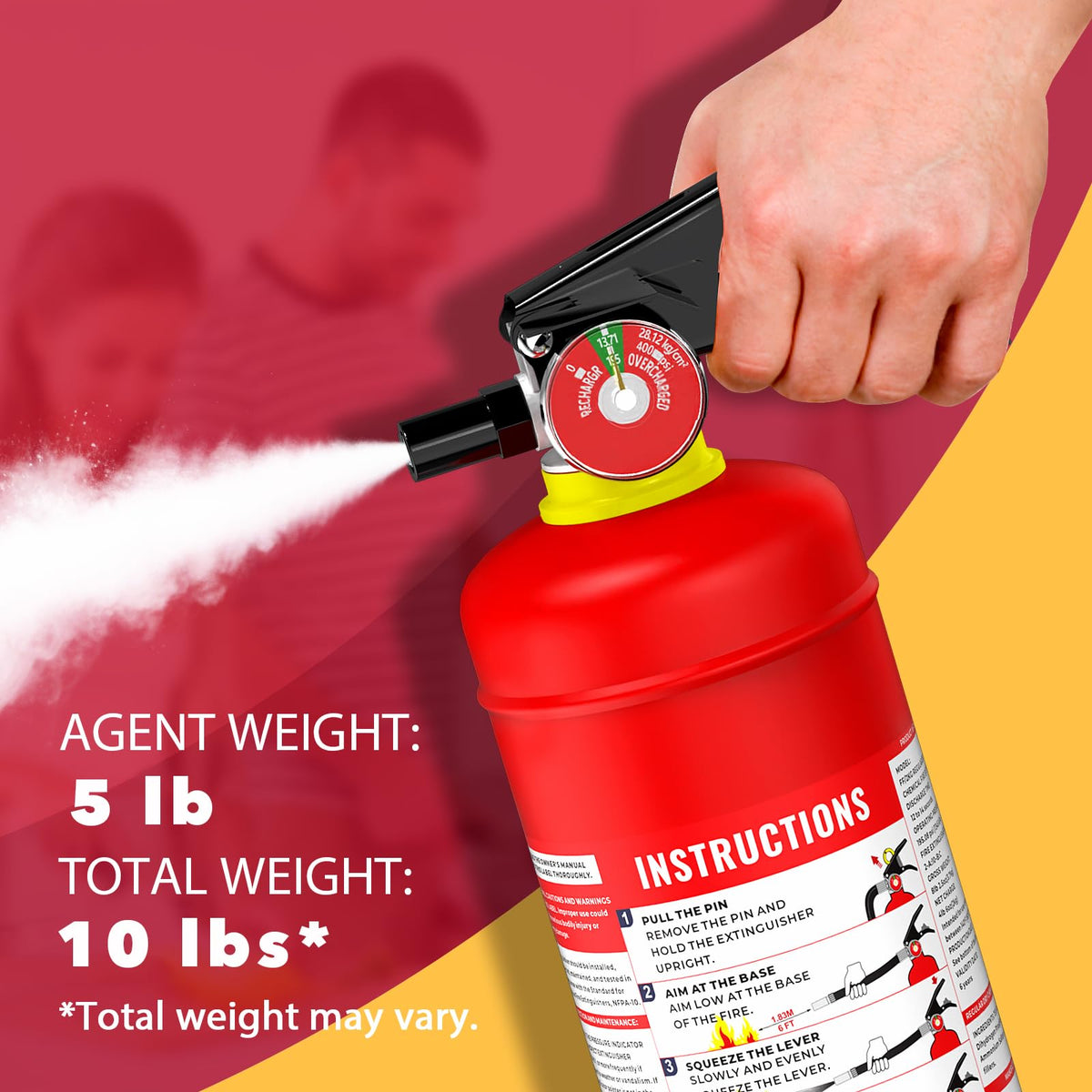 Ougist ABC extinguisher with patented handle enabling activation from up to fifteen feet.