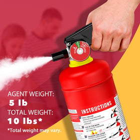 Ougist ABC extinguisher with patented handle enabling activation from up to fifteen feet.
