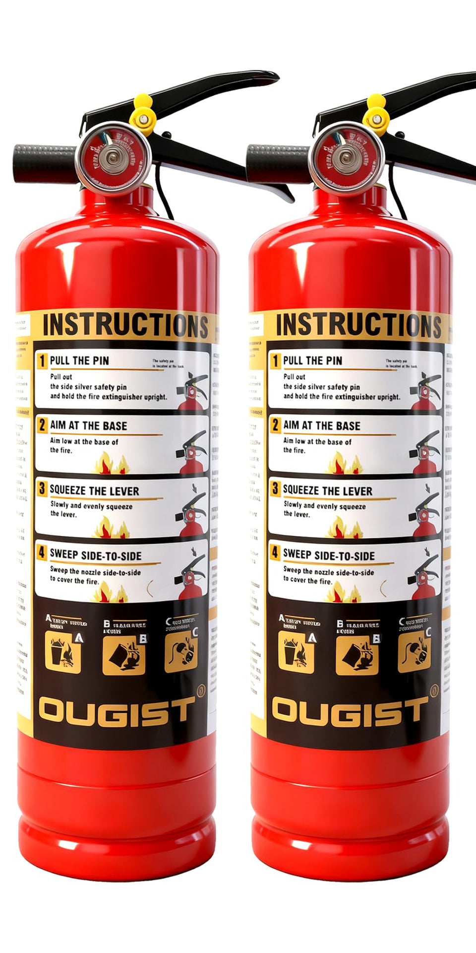 Ougist ABC fire extinguisher in a kitchen cabinet, compact for quick access.