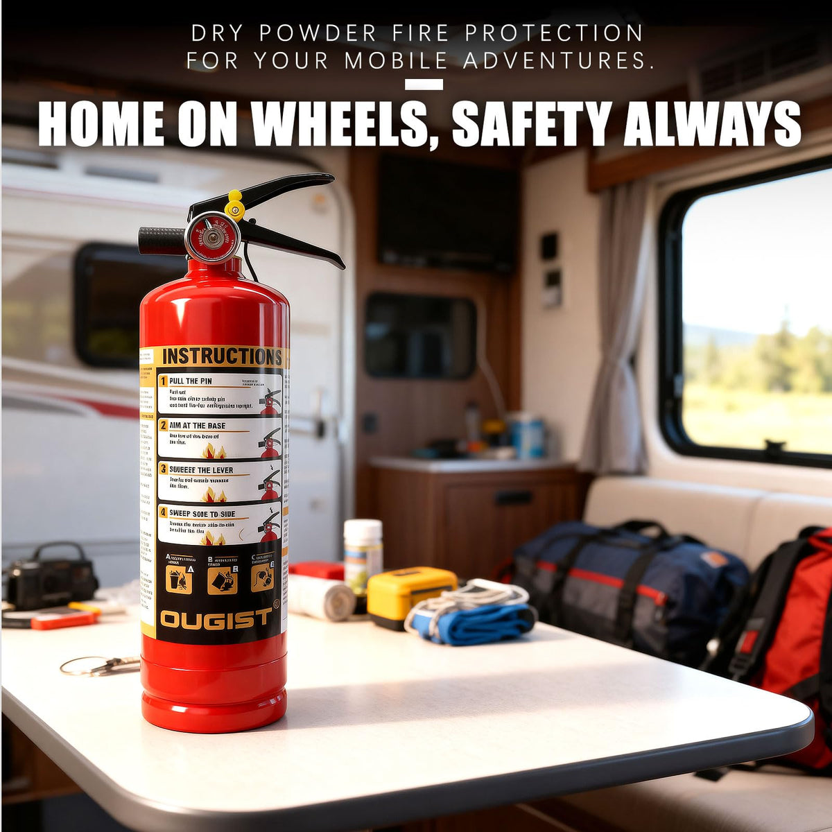 Ougist ABC fire extinguisher mounted in a car for road safety.