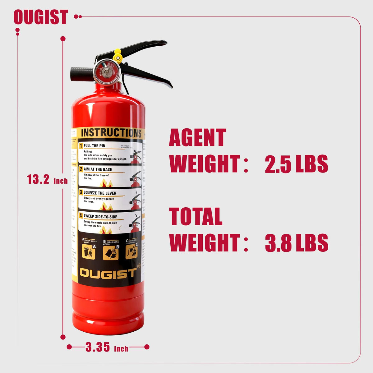 Ougist ABC extinguisher in a kitchen, compact design for easy reach.