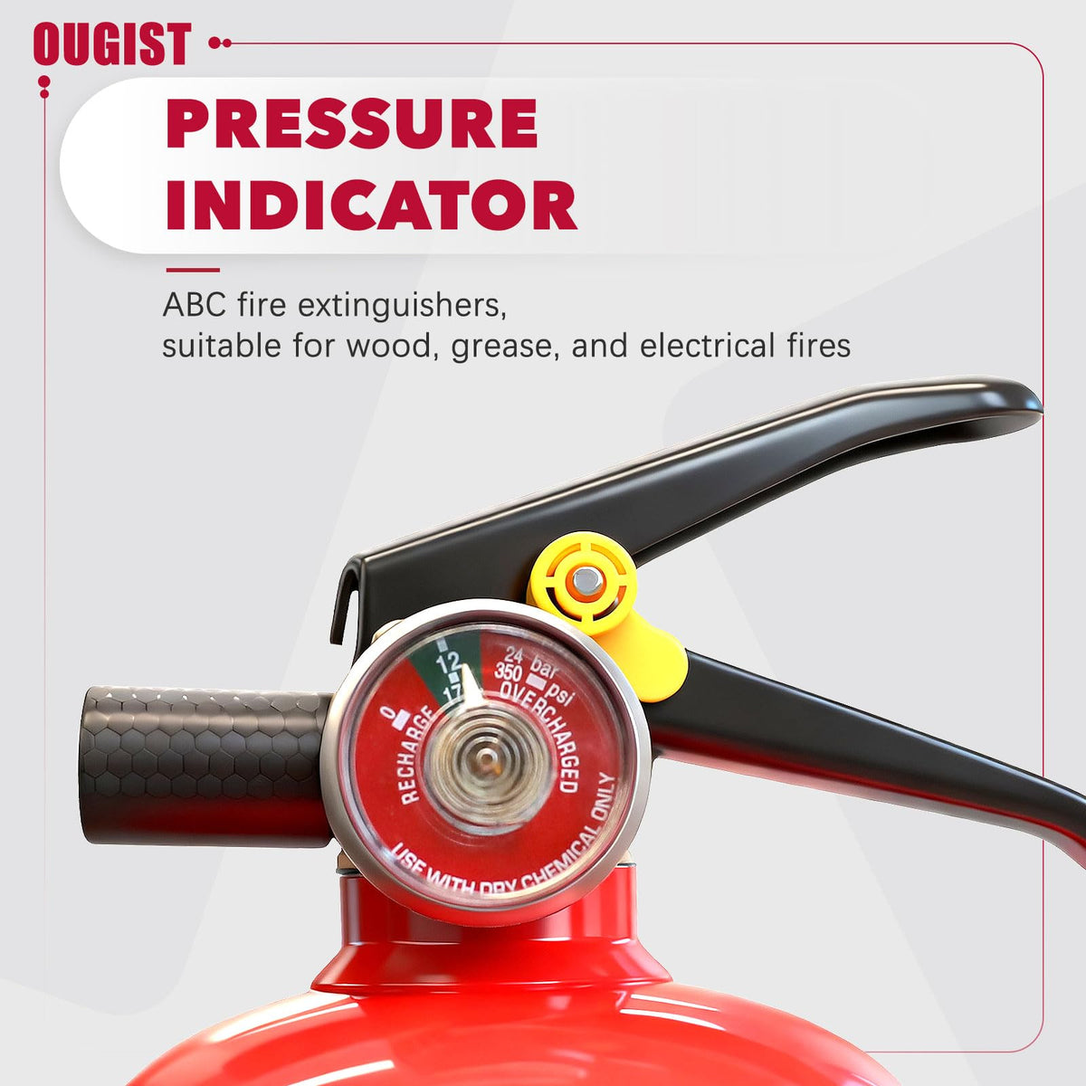 Ougist ABC fire extinguisher on a boat deck for travel readiness.