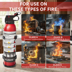 Ougist extinguisher near kitchen grease area for effective control.