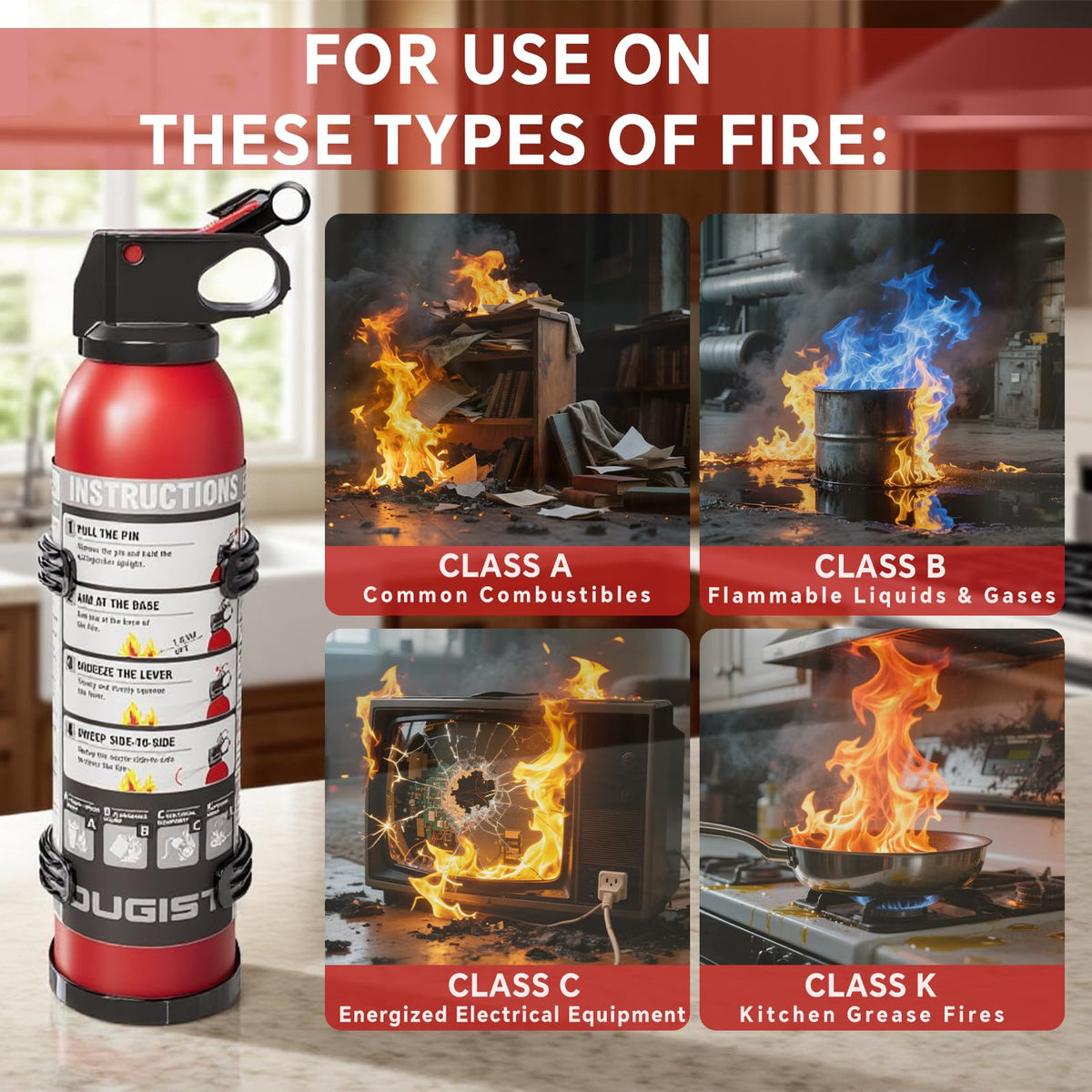 Ougist extinguisher ideal for kitchen grease and electrical fires.