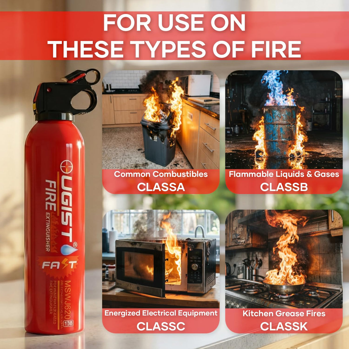 Wall mount bracket keeps Ougist extinguisher within reach in car or kitchen