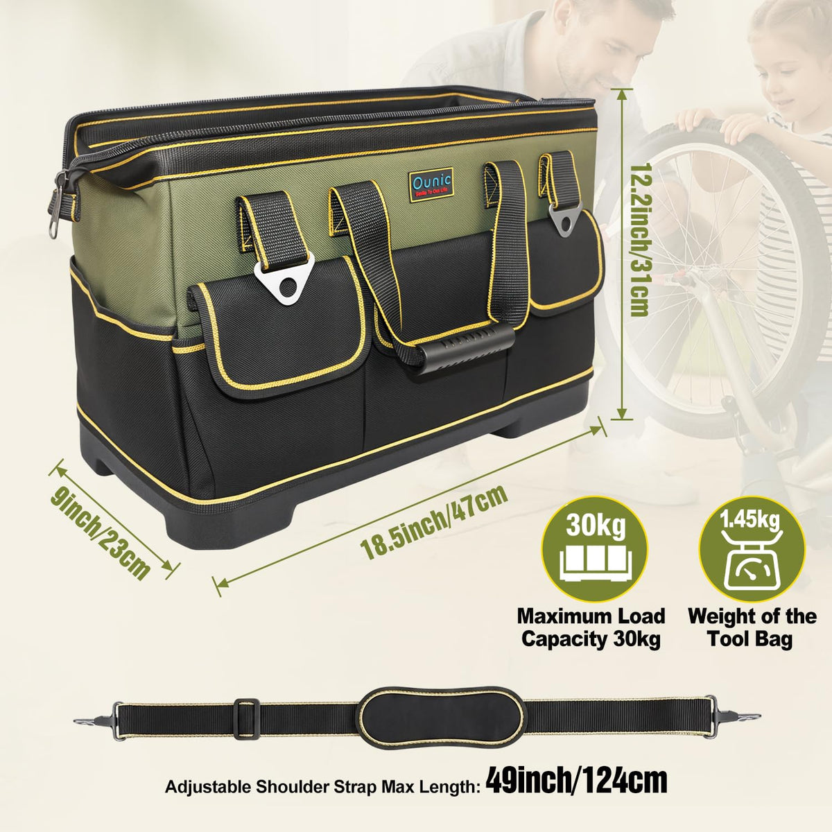 Ounic tool bag interior pockets showing organized storage for wrenches and screwdrivers.
