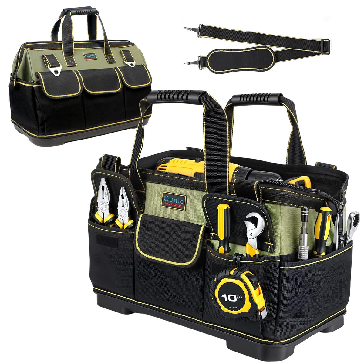 Ounic 18-inch tool bag overview highlighting rugged waterproof base for long-lasting durability.