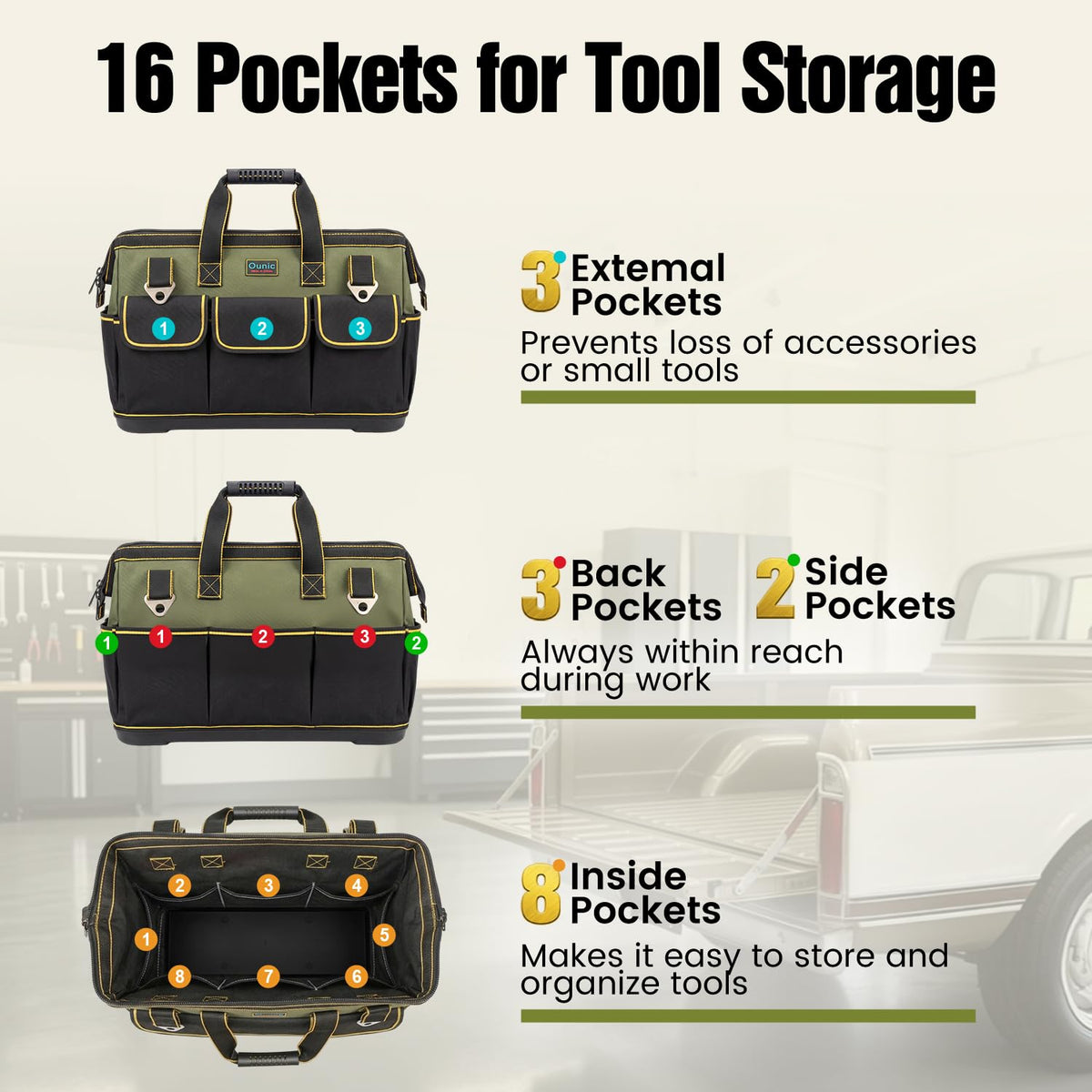 Ounic tool bag base close-up emphasizing abrasion-resistant molded bottom for harsh sites.