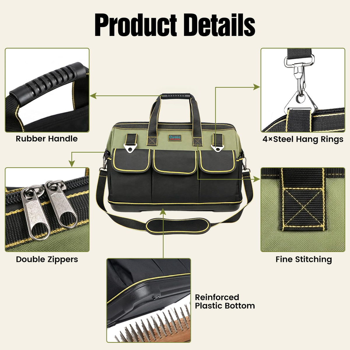 Ounic tool bag shoulder strap feature conveying easy hands-free transport.
