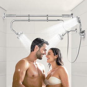 OURBAOFU tandem shower heads in chrome finish for two-person use and shared flow