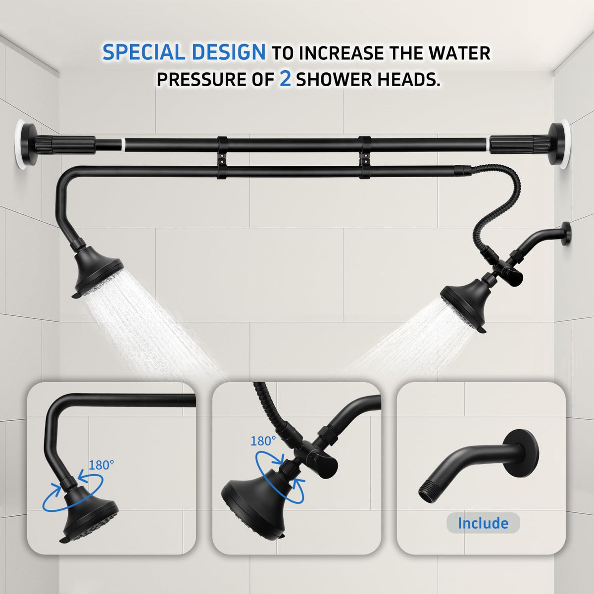 OURBAOFU tandem shower heads high-pressure spray for a powerful two-person shower.