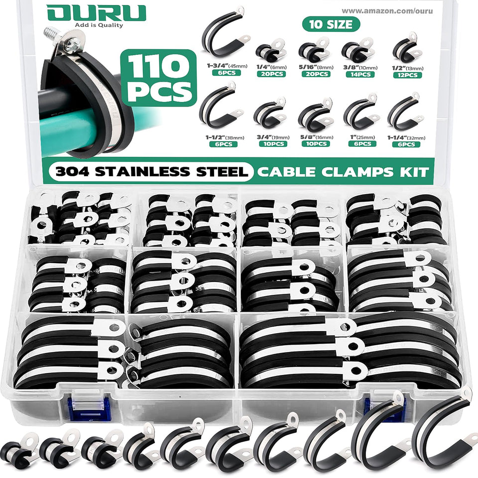 OURU cable clamps assortment box with 10 sizes for versatile mounting.