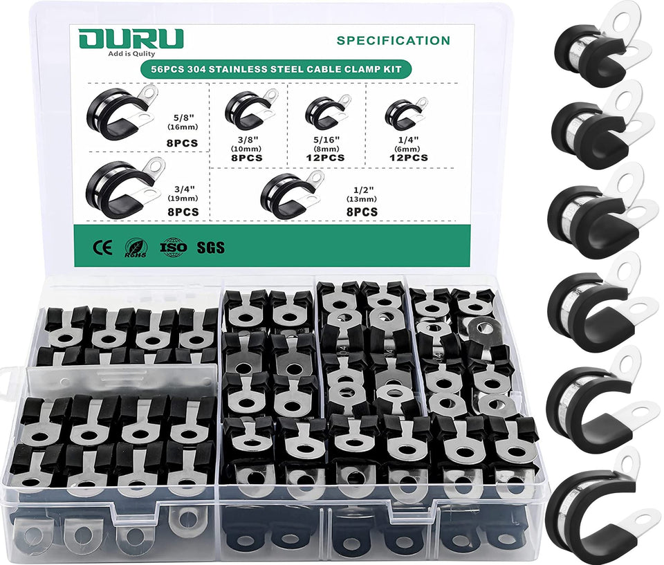 OURU cable clamps assortment box showing six sizes for easy organization and setup