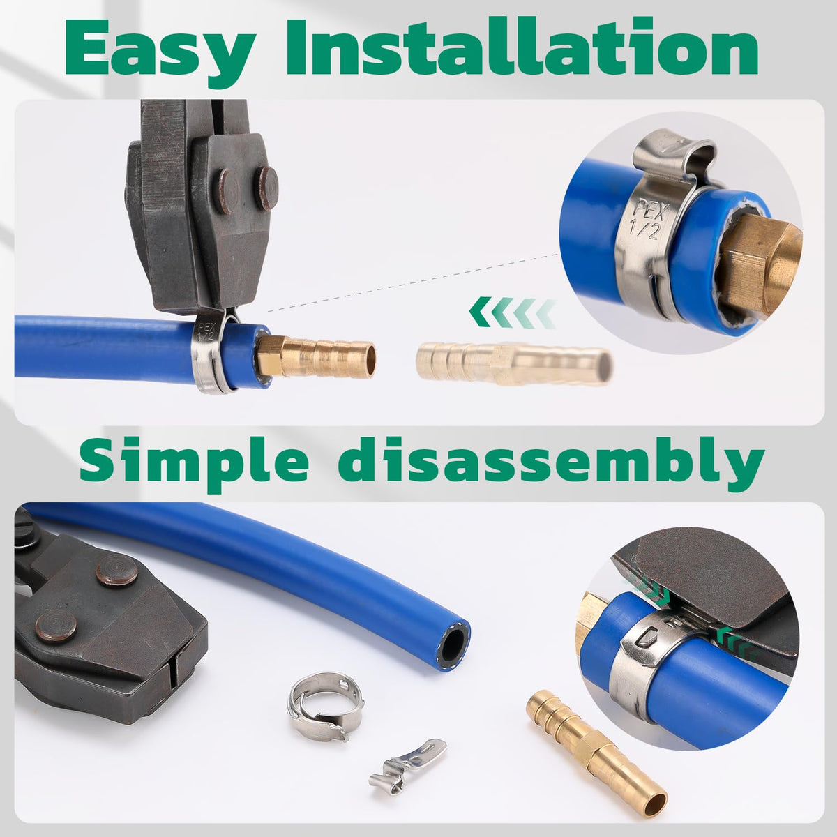 OURU PEX clamps on pipe assembly demonstrate quick, tool-free installation for leak-free joints.
