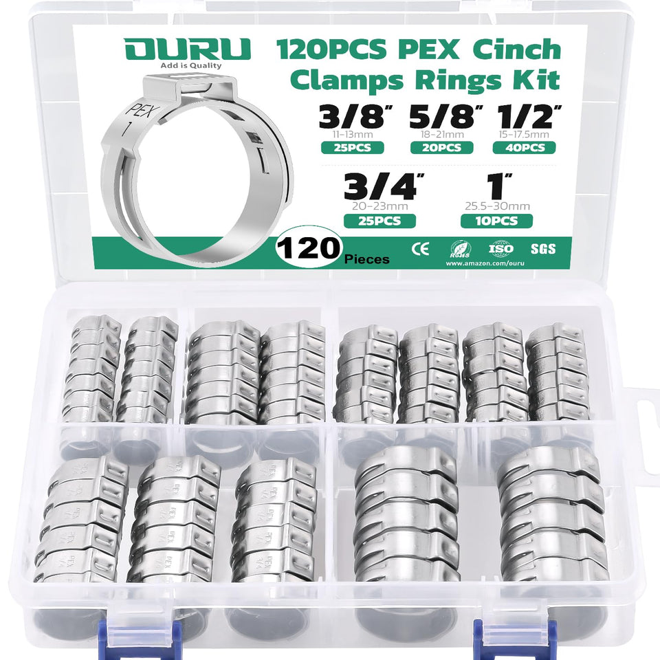 OURU Pex clamps set in box showing all sizes for easy selection and organization.
