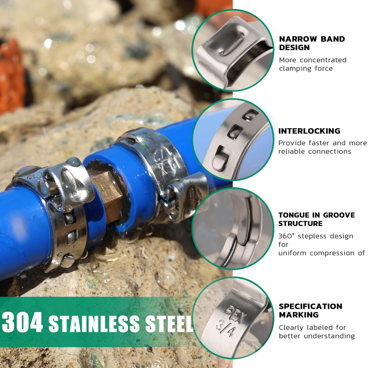 OURU PEX clamps size guide shows 3/8 to 1 inch options for secure connections.