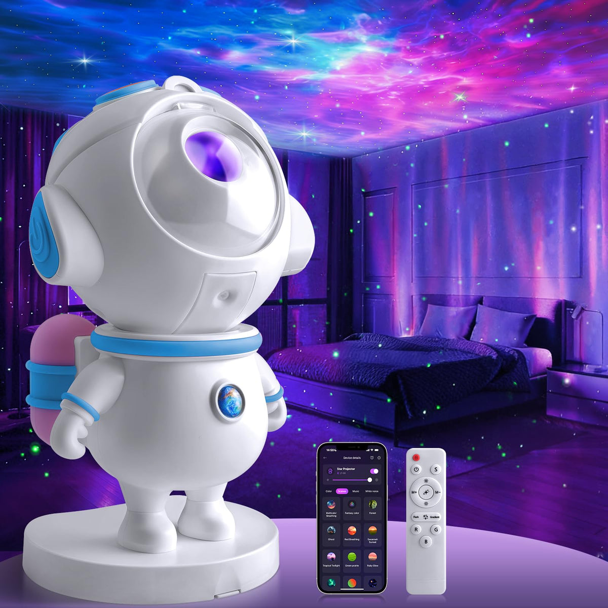 OUSAHZU Astronaut Galaxy Projector displaying ceiling stars and nebula for calming ambiance.