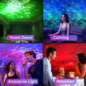 OUSAHZU Galaxy Projector delivering vivid nebula and aurora colors in a living space.