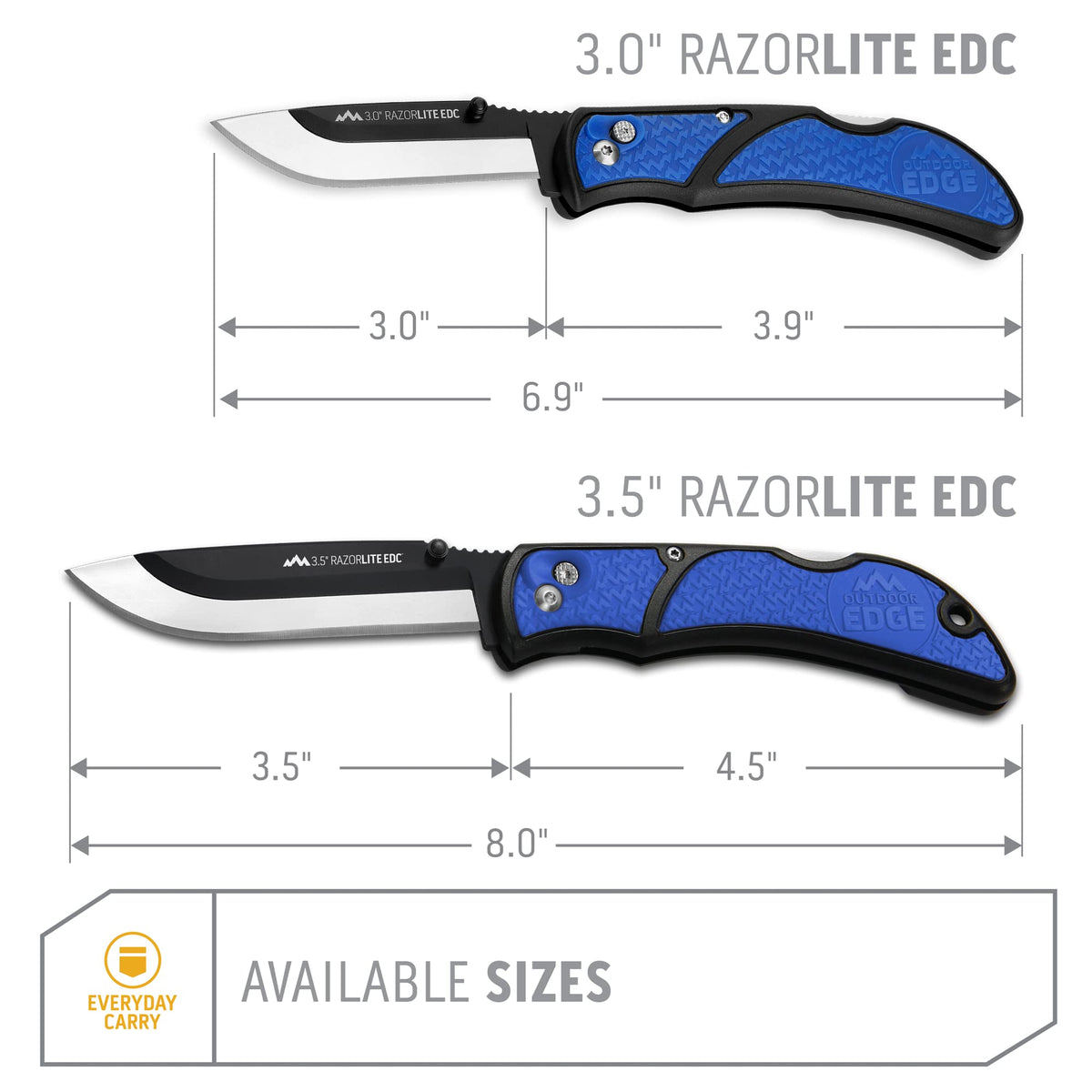 Outdoor Edge RazorLite blue Grivory handle with TPR inserts for non-slip use.