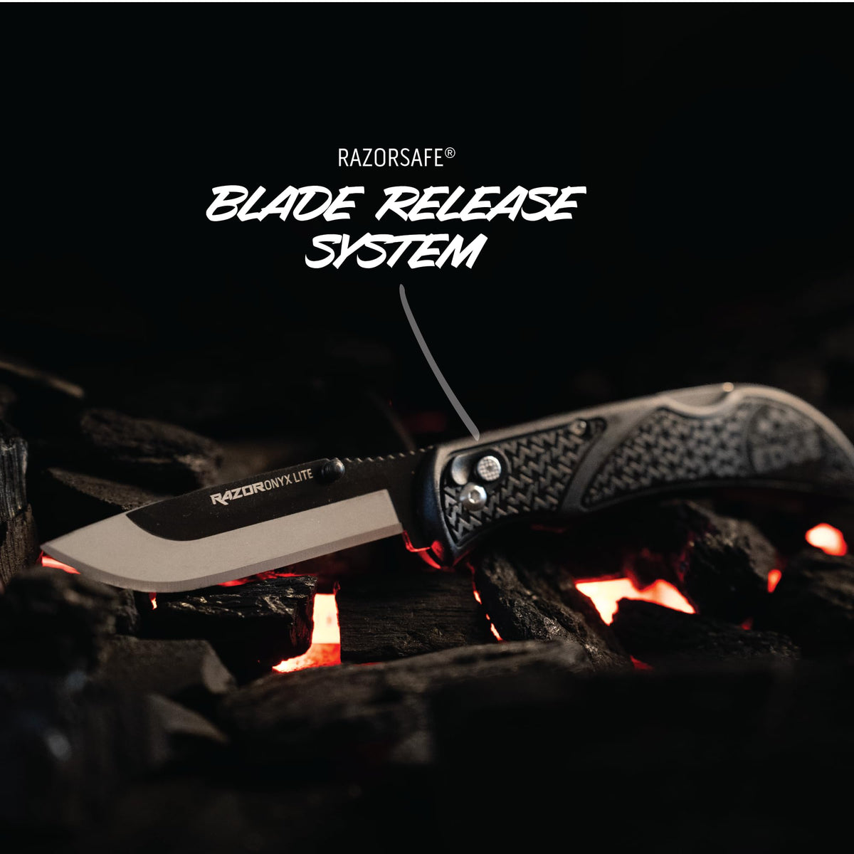 Outdoor Edge Onyx three-point-five-inch drop-point blade handles varied cuts.