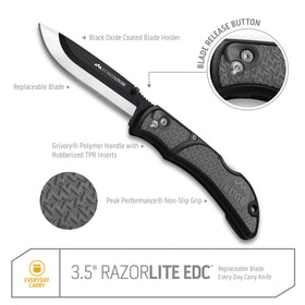OUTDOOR EDGE RazorLite EDC stainless blades with heat treatment for edge retention.