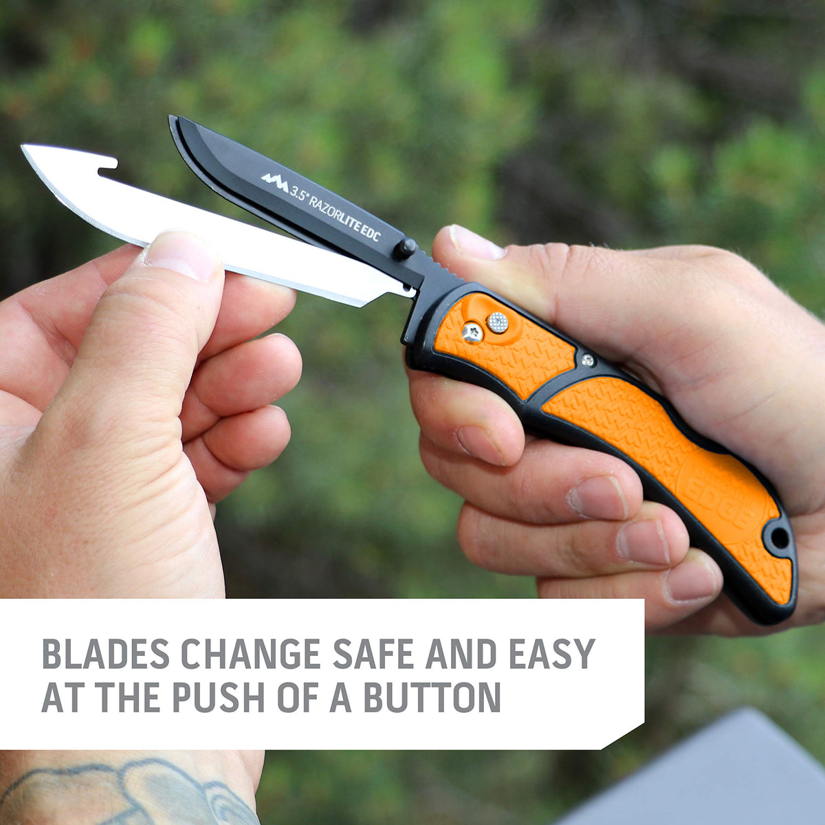 Outdoor Edge RazorSafe 3.5-inch blade close-up displaying heat-treated steel