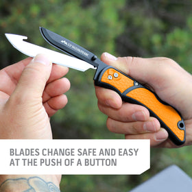 Outdoor Edge RazorSafe 3.5-inch blade close-up displaying heat-treated steel