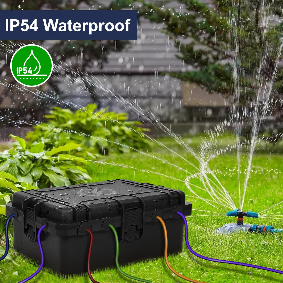 OUTDSPLY IP54 weatherproof cover seals outlets against rain and dust.