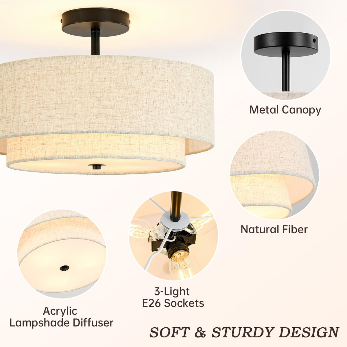 Outiron linen outer shade with inner diffusing layer for soft glow.