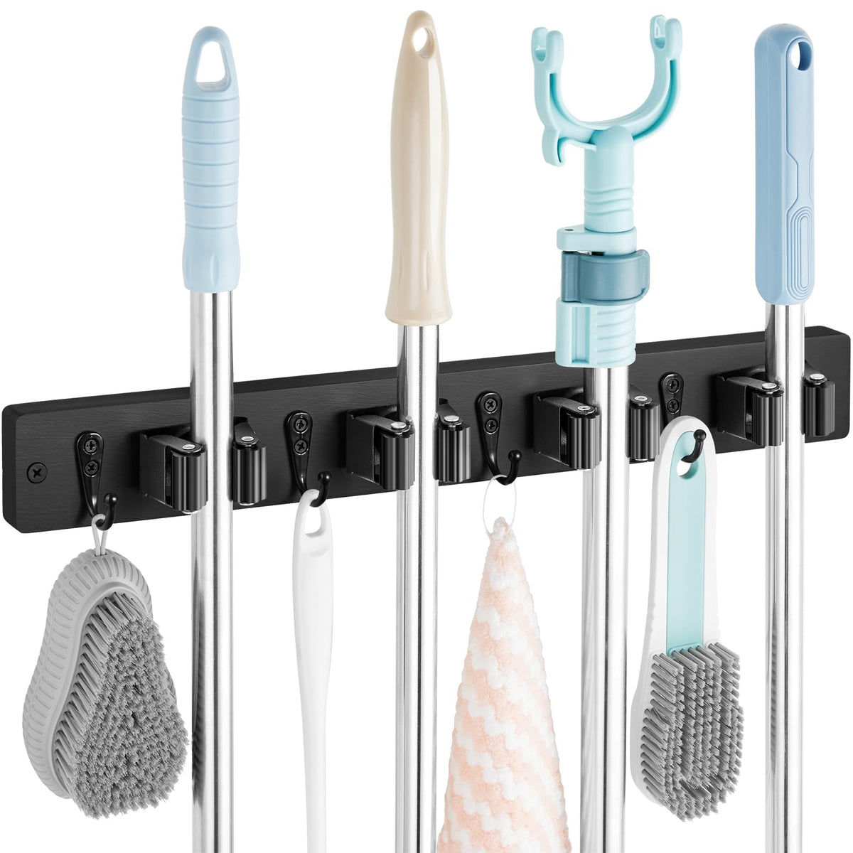 Outnili black mop holder on wall with four slots keeps brooms neatly stored and ready