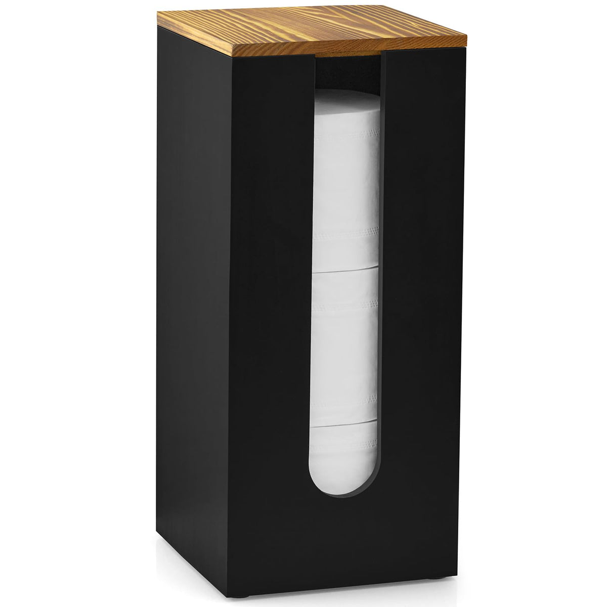 Outnili freestanding toilet paper stand with lid in black wood finish for easy daily use