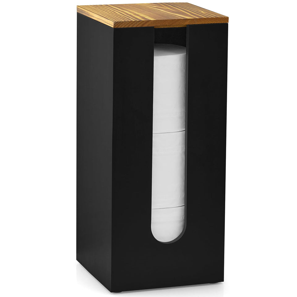 Outnili freestanding toilet paper stand with lid in black wood finish for easy daily use