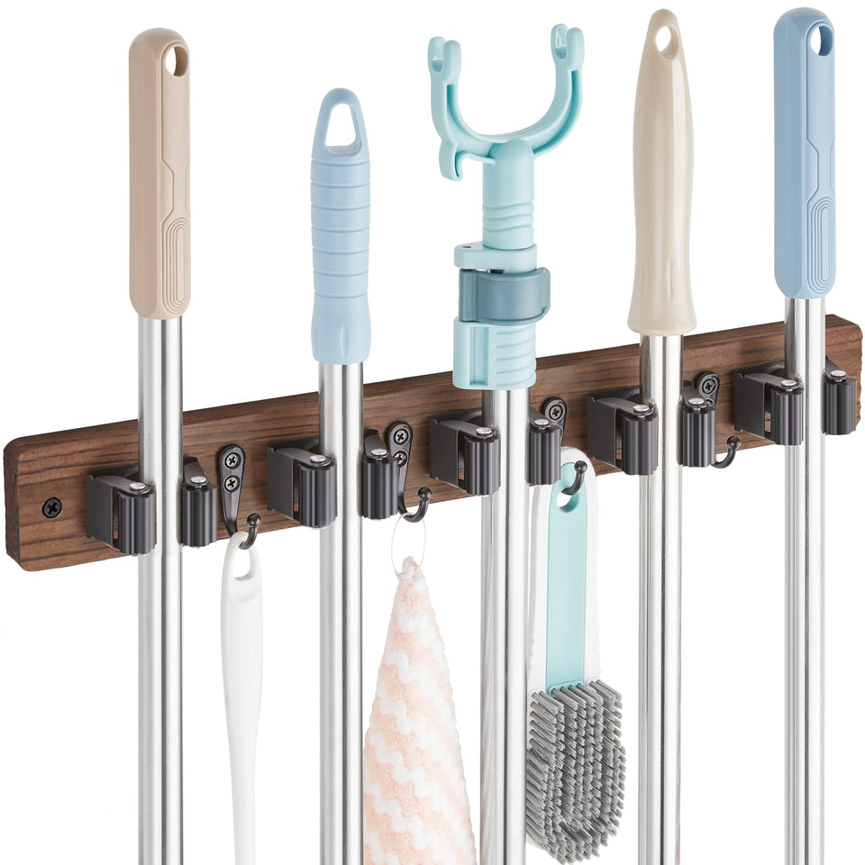 OUTNILI mop and broom holder mounted on rustic wood for easy access