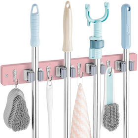OUTNILI pink mop holder with four slots and four hooks mounted on wall for organized tools