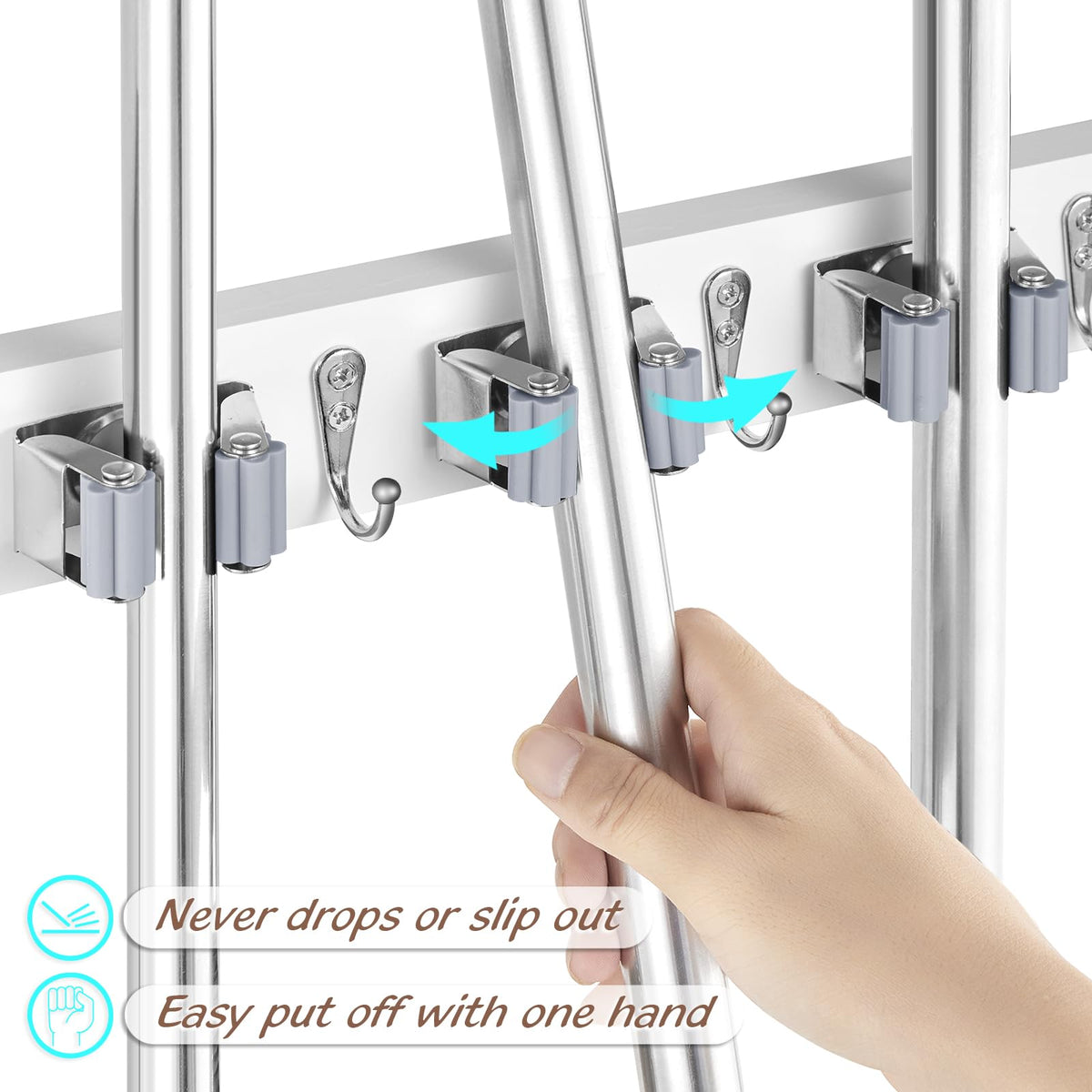 OUTNILI wall mount with five roller clips holds broom handles securely.