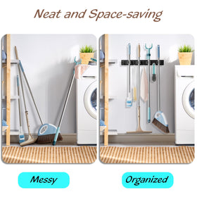 Outnili four-clip roller system keeps mop handles secure on wall mount