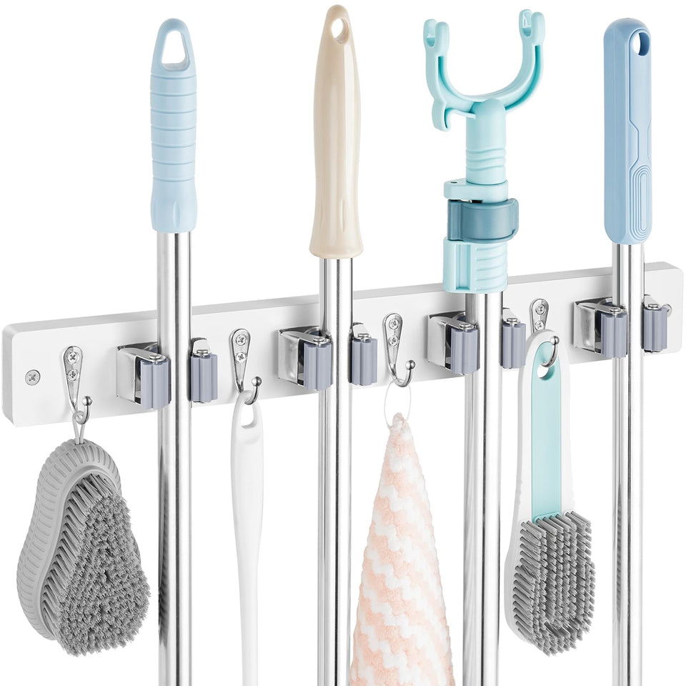 OUTNILI white mop-broom holder wall mount with four slots and hooks for easy access.