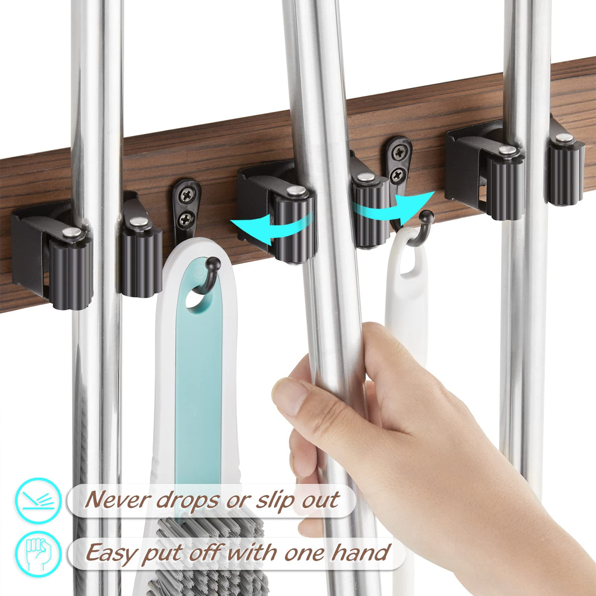 Outnili wood broom mount with four slots adds rustic storage for cleaning tools.