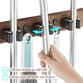 Outnili wood broom mount with four slots adds rustic storage for cleaning tools.
